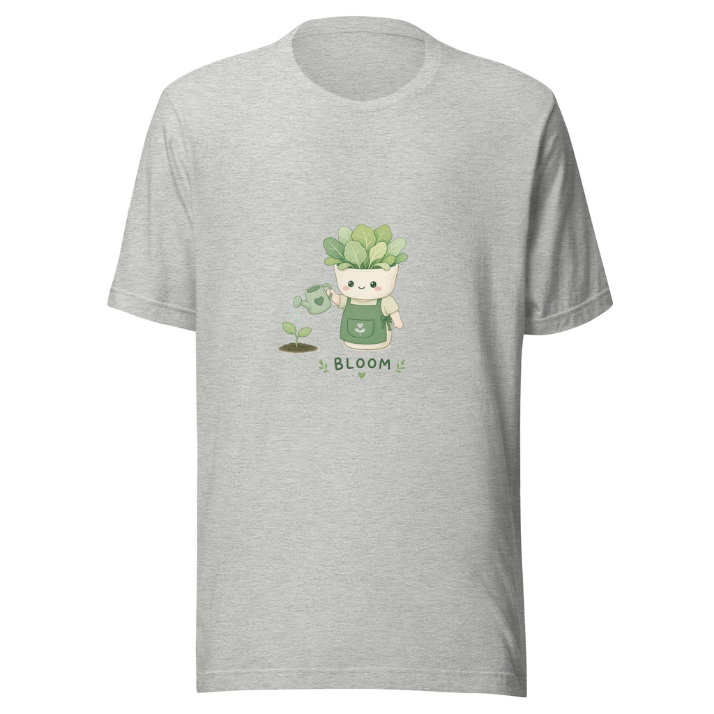 Bloom Hero tee GROW MODE — cute plants robot graphic tee mockup