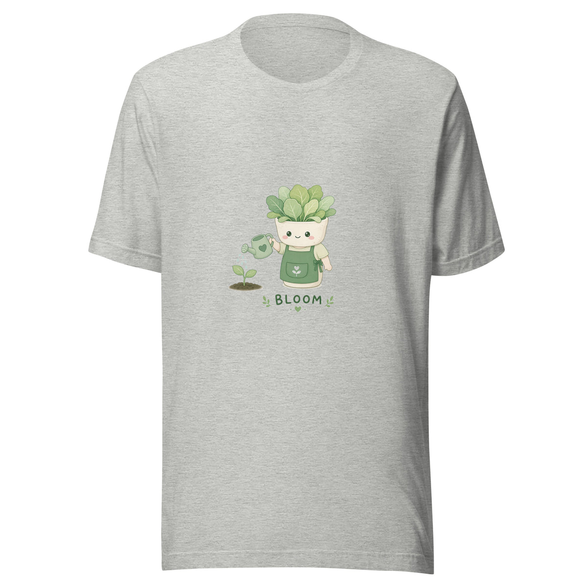 Bloom Hero tee GROW MODE — cute plants robot graphic tee mockup