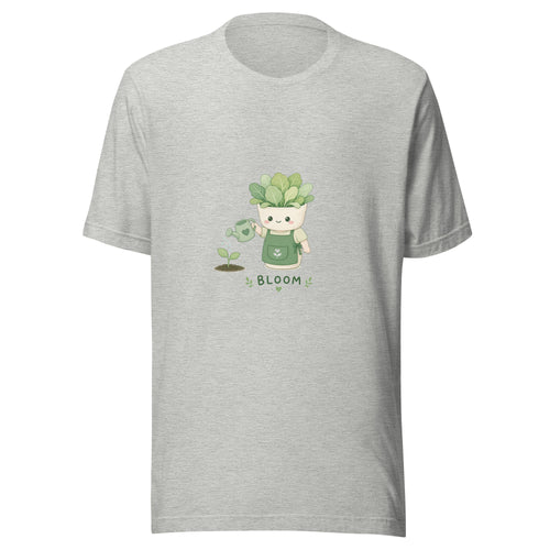 Bloom Hero tee GROW MODE — cute plants robot graphic tee mockup