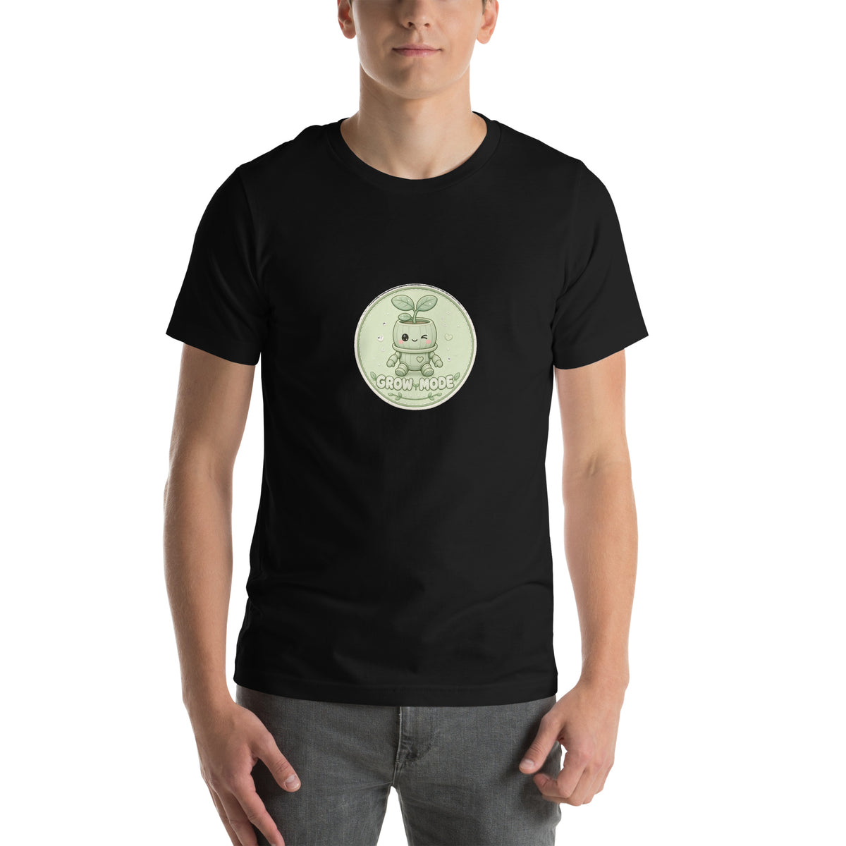 Bloom Badge tee GROW MODE — cute plants robot graphic tee mockup