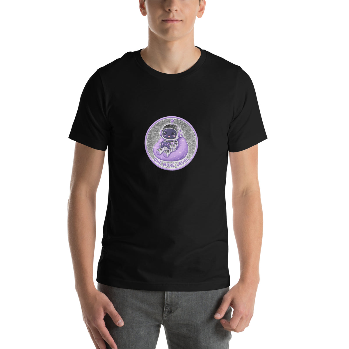 Pixel Badge tee ONE MORE LEVEL — cute gaming robot graphic tee mockup