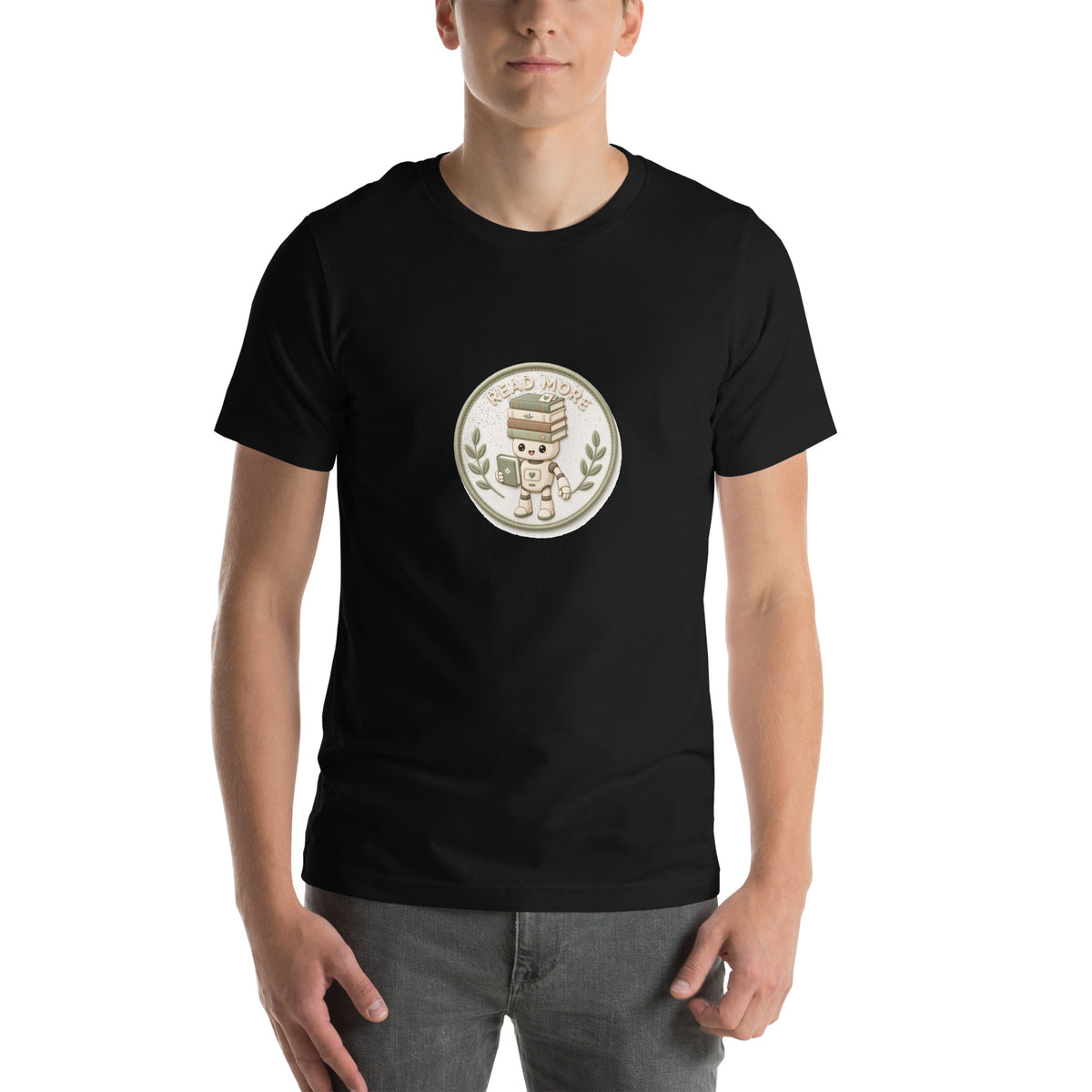 Stack Badge tee READ MORE — cute reading robot graphic tee mockup