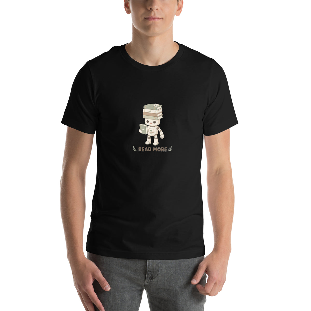 Stack Hero tee READ MORE — cute reading robot graphic tee mockup