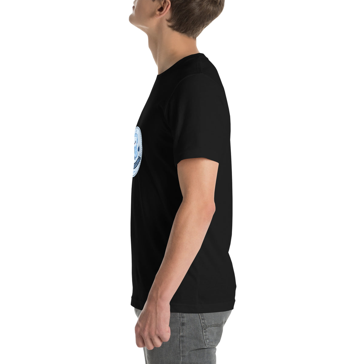 Debug Badge tee STILL DEBUGGING — cute coding robot graphic tee mockup