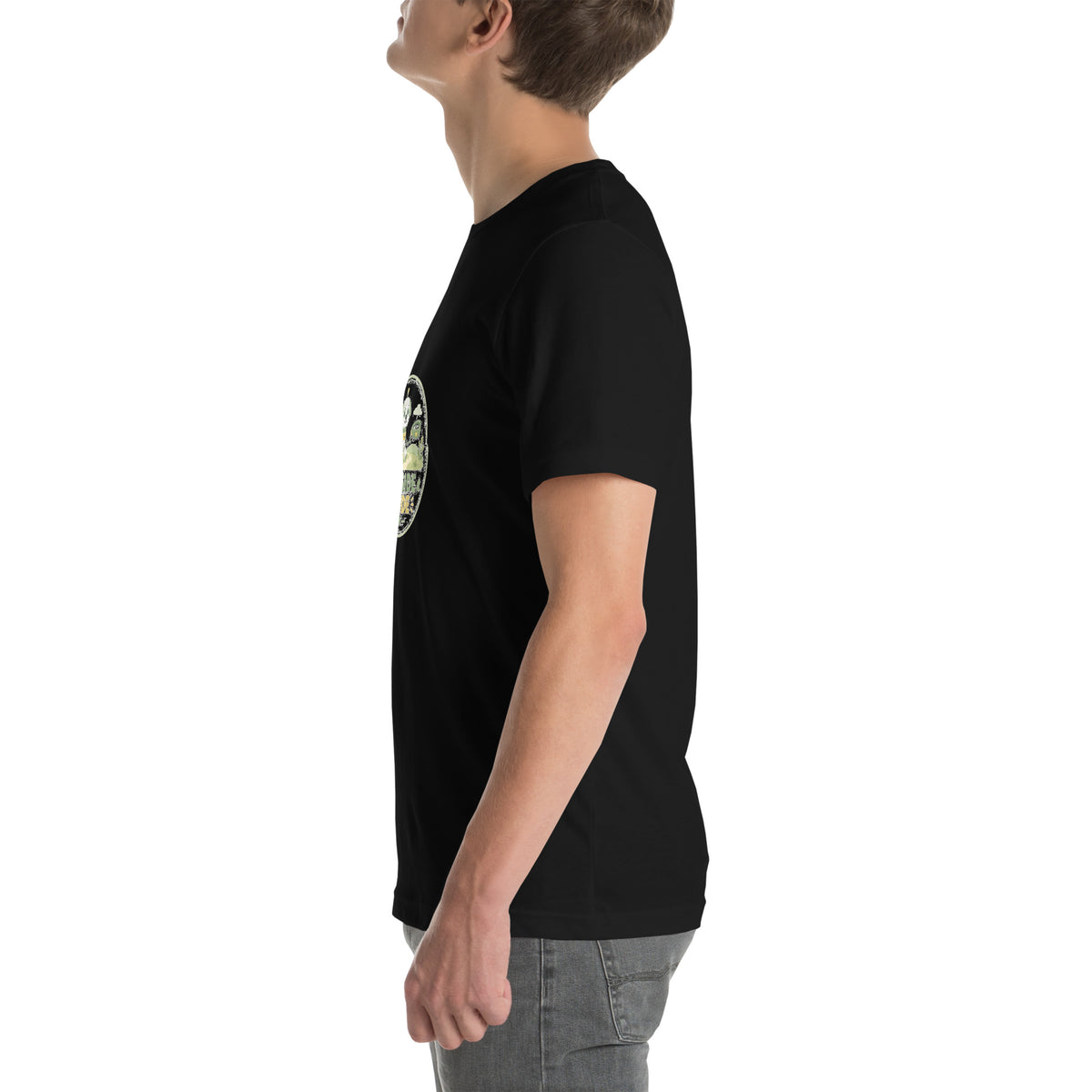 Fetch Badge tee OUTSIDE MODE — cute dog walk robot graphic tee mockup