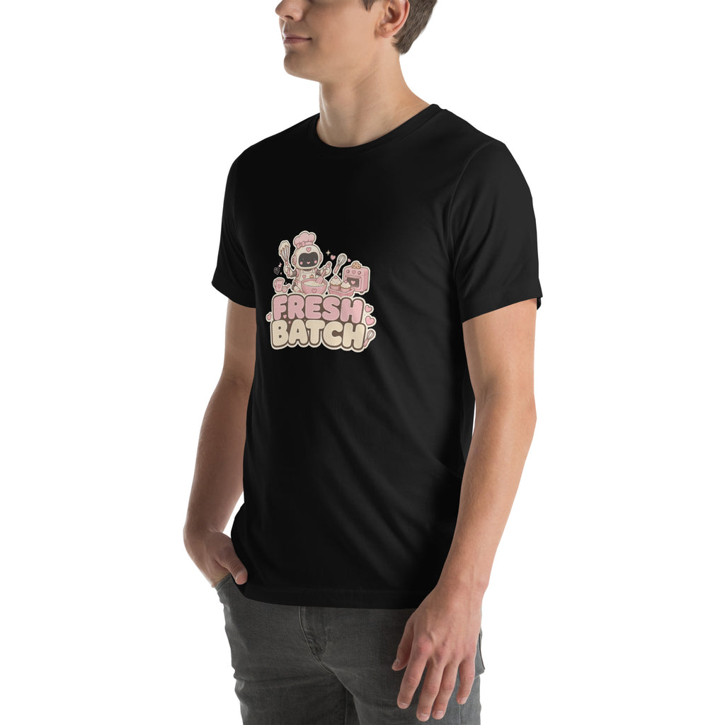 Bake Hero tee FRESH BATCH — cute baking robot graphic tee mockup
