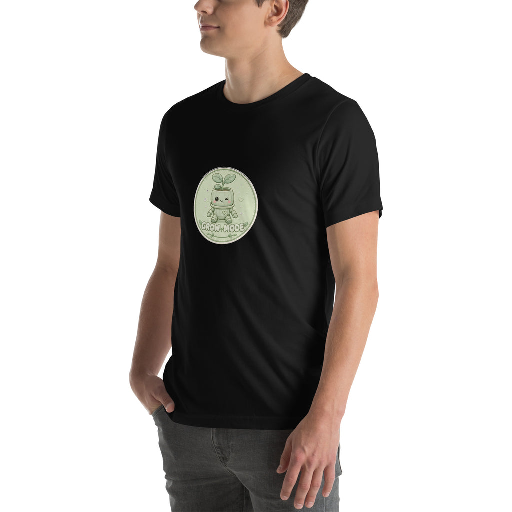 Bloom Badge tee GROW MODE — cute plants robot graphic tee mockup