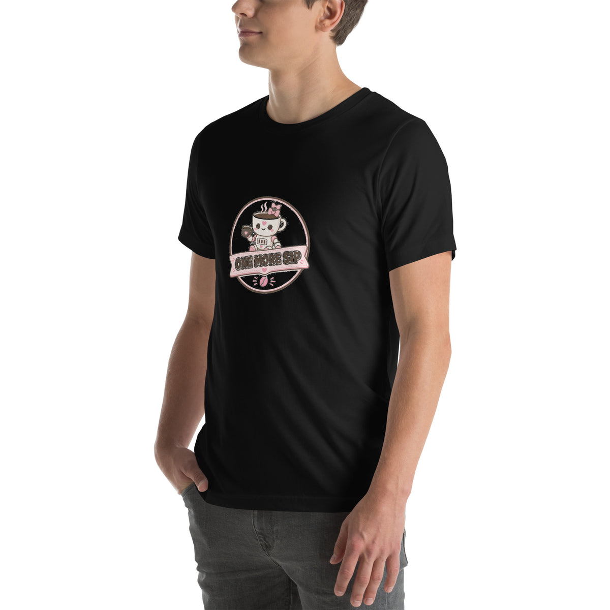 Sip Badge tee ONE MORE SIP — cute coffee robot graphic tee mockup