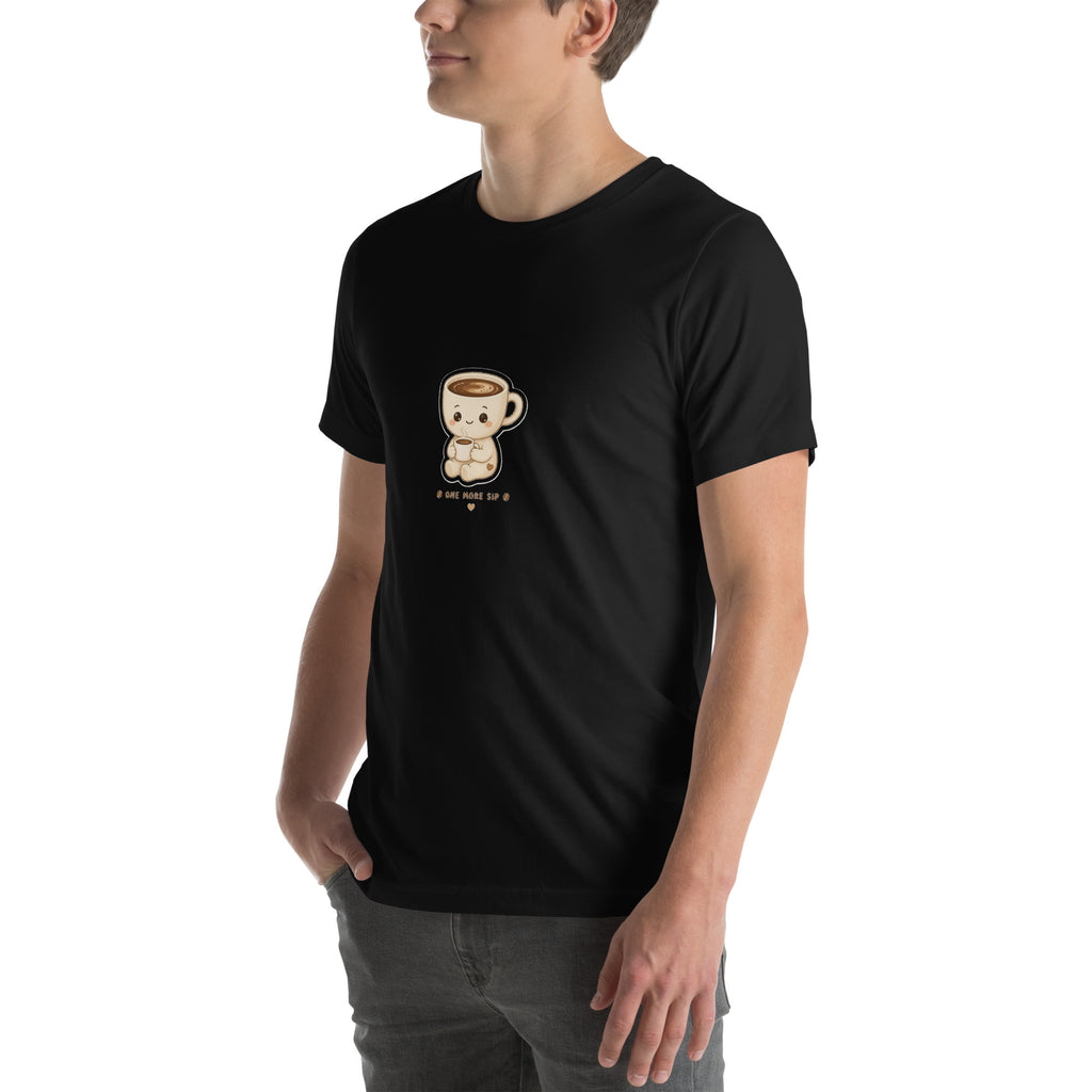 Sip Hero tee ONE MORE SIP — cute coffee robot graphic tee mockup