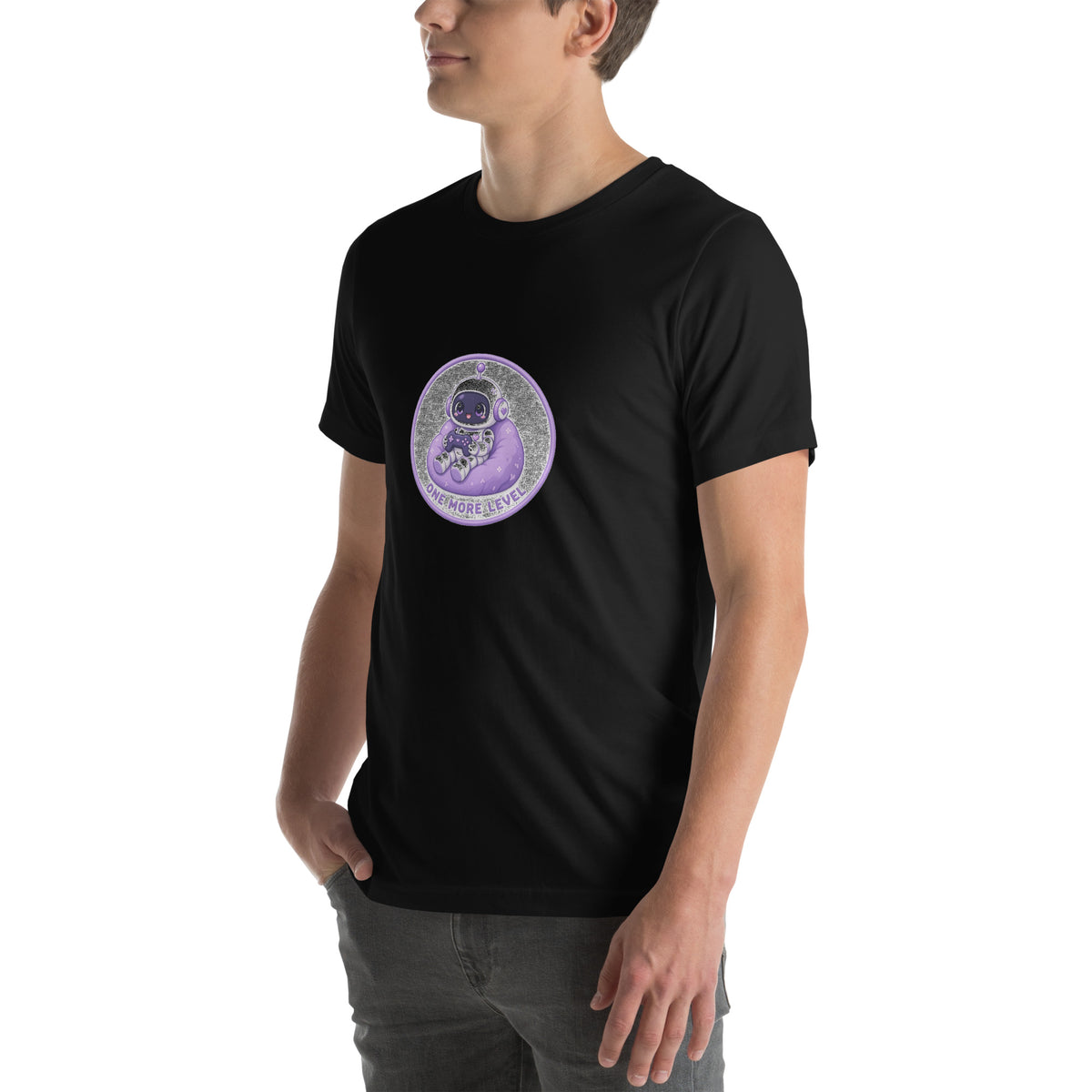 Pixel Badge tee ONE MORE LEVEL — cute gaming robot graphic tee mockup