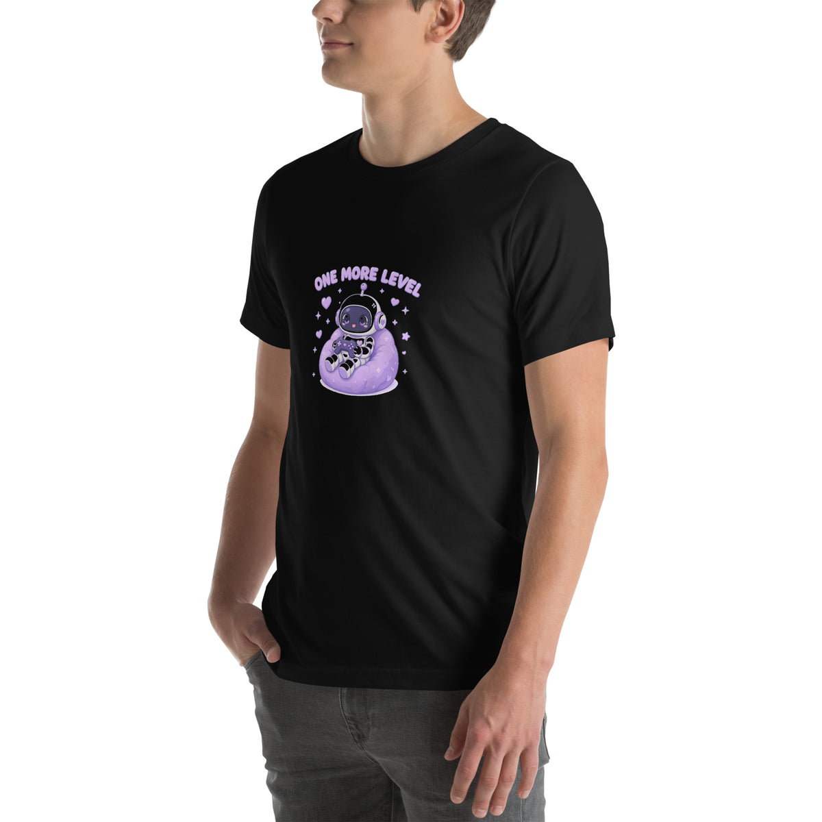 Pixel Hero tee ONE MORE LEVEL — cute gaming robot graphic tee mockup