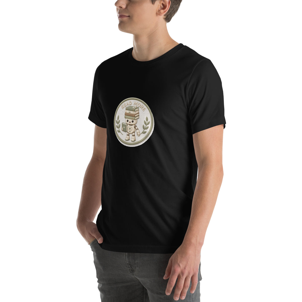 Stack Badge tee READ MORE — cute reading robot graphic tee mockup