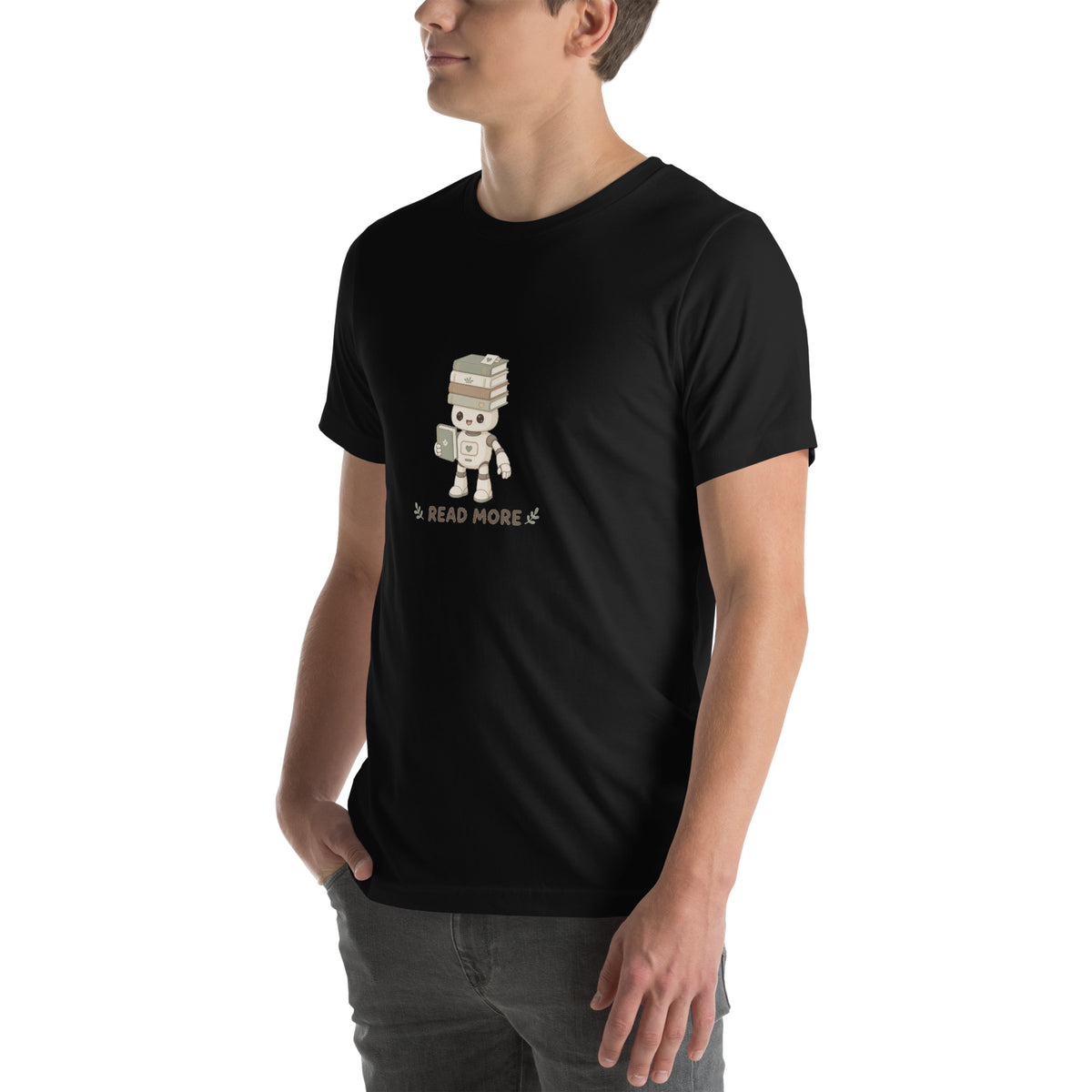 Stack Hero tee READ MORE — cute reading robot graphic tee mockup