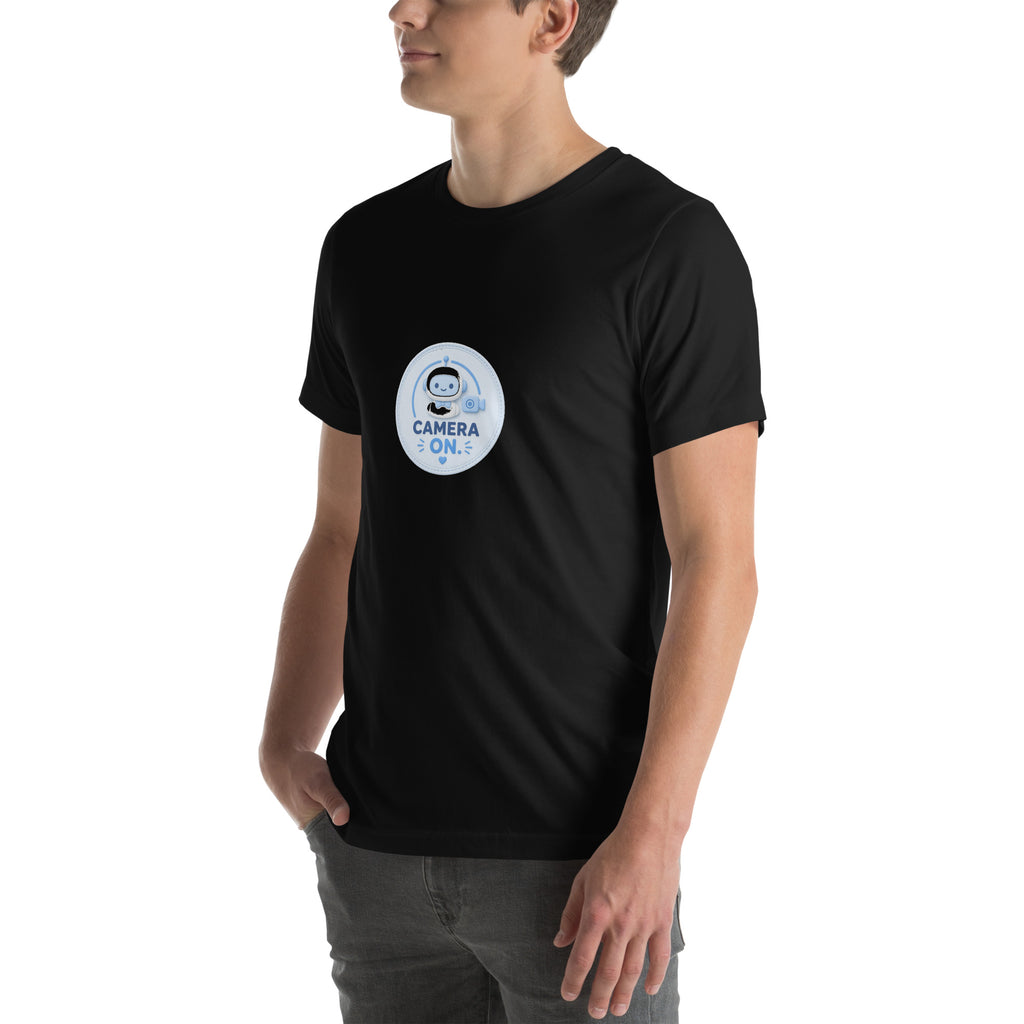 Zoom Badge tee CAMERA ON — cute WFH robot graphic tee mockup