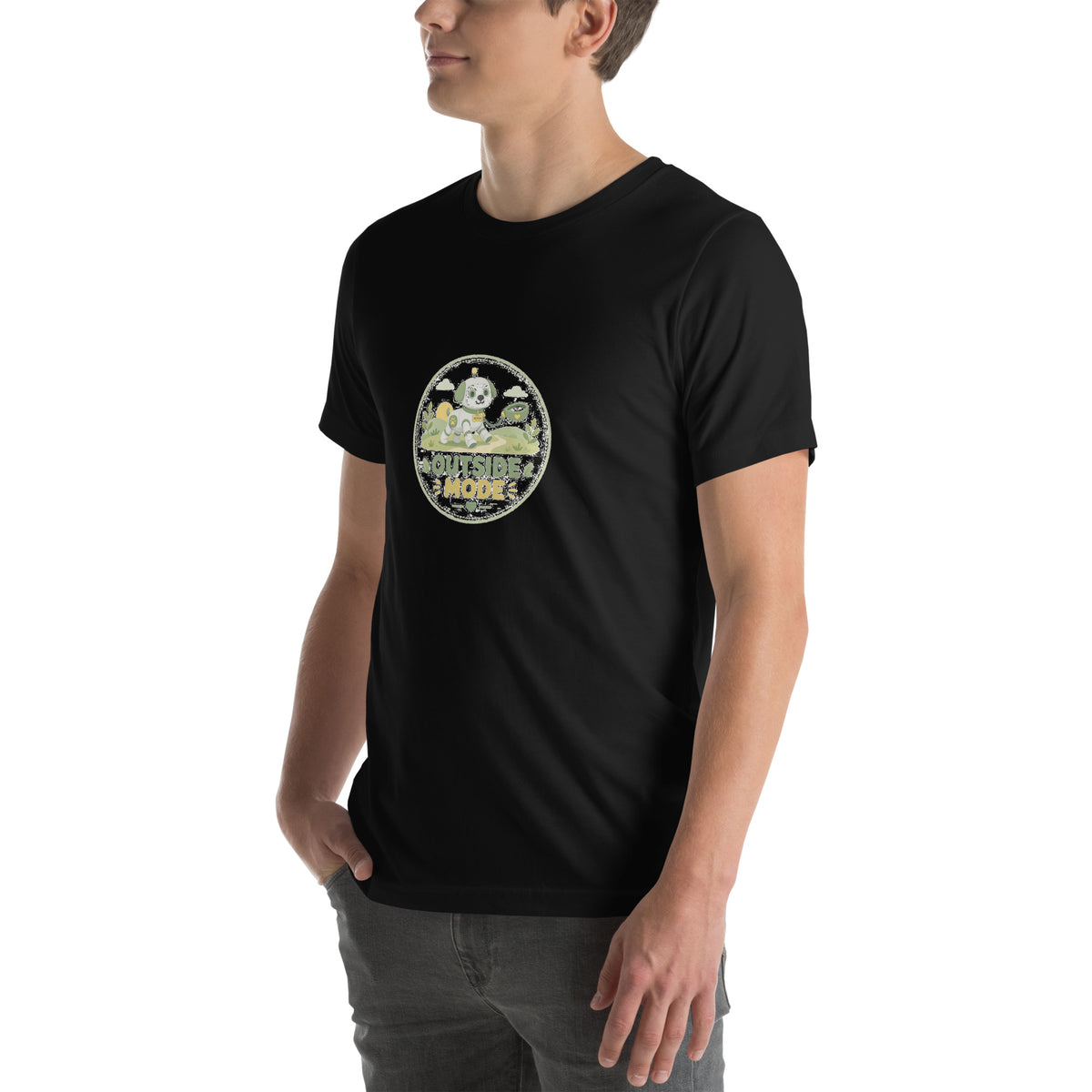 Fetch Badge tee OUTSIDE MODE — cute dog walk robot graphic tee mockup