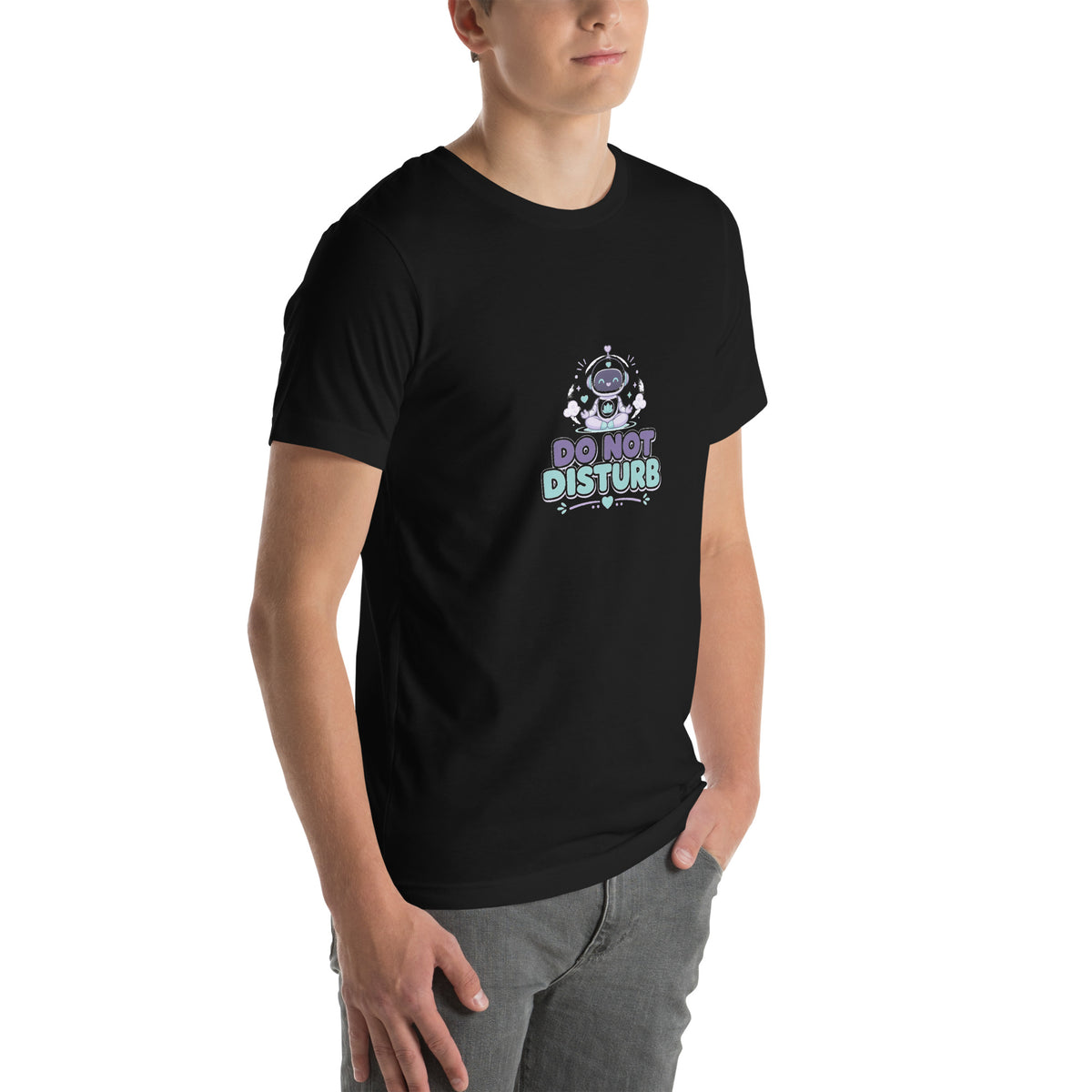 Focus Hero tee DO NOT DISTURB — cute focus robot graphic tee mockup