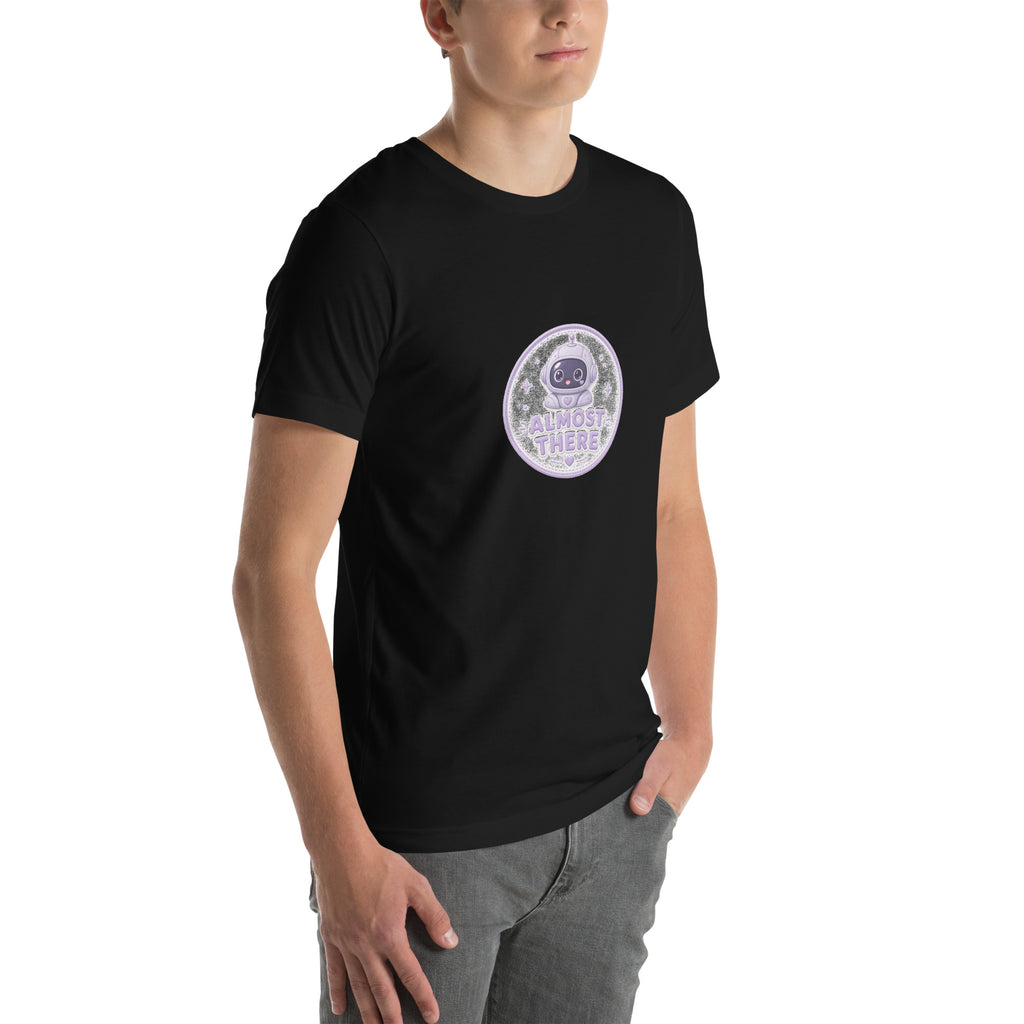 Dash Badge tee ALMOST THERE — cute commute robot graphic tee mockup