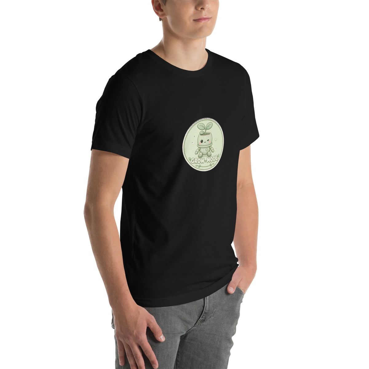 Bloom Badge tee GROW MODE — cute plants robot graphic tee mockup