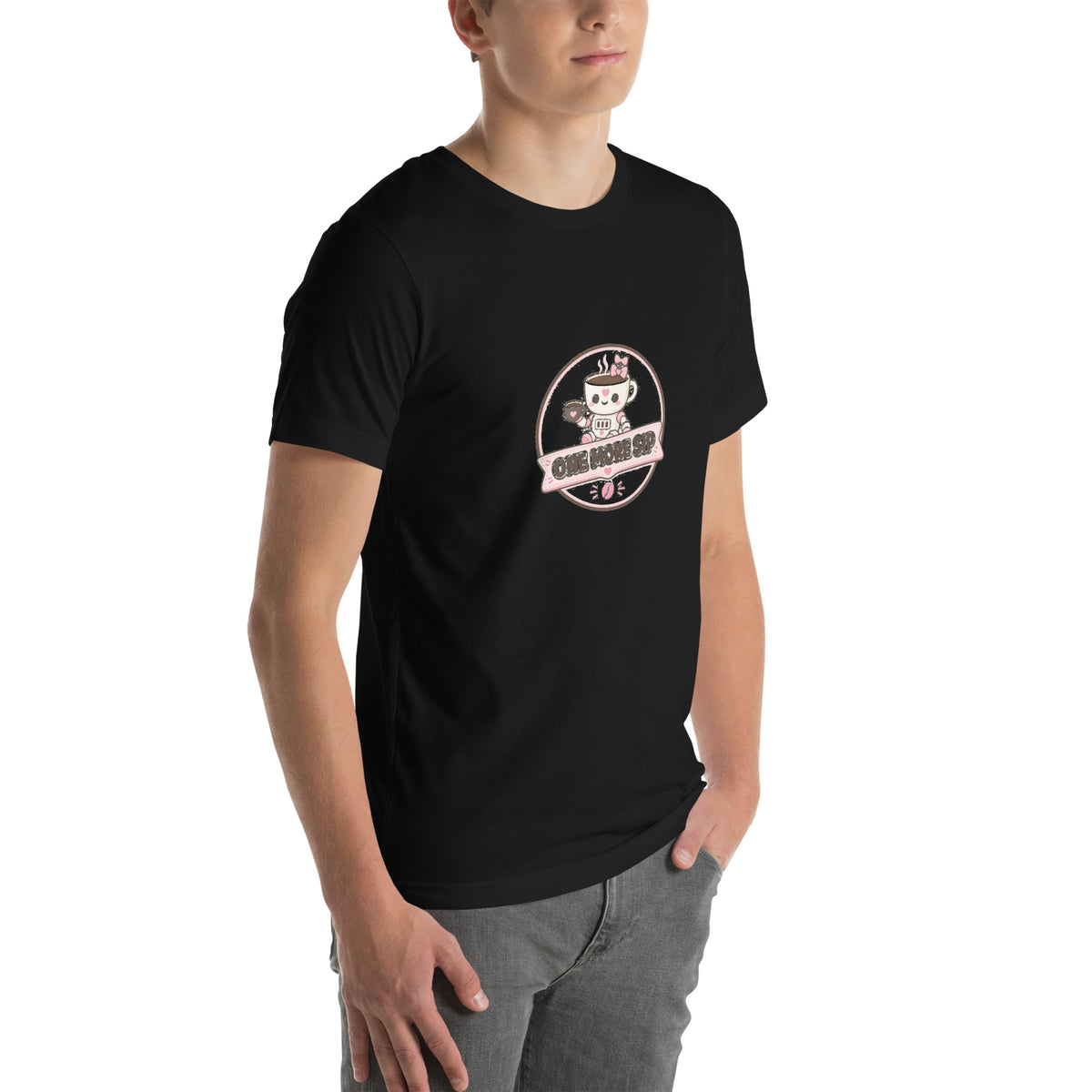 Sip Badge tee ONE MORE SIP — cute coffee robot graphic tee mockup