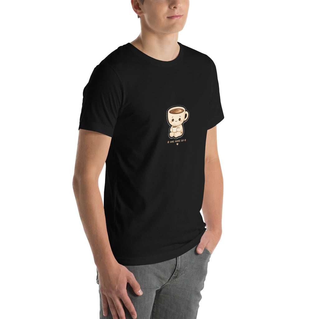 Sip Hero tee ONE MORE SIP — cute coffee robot graphic tee mockup