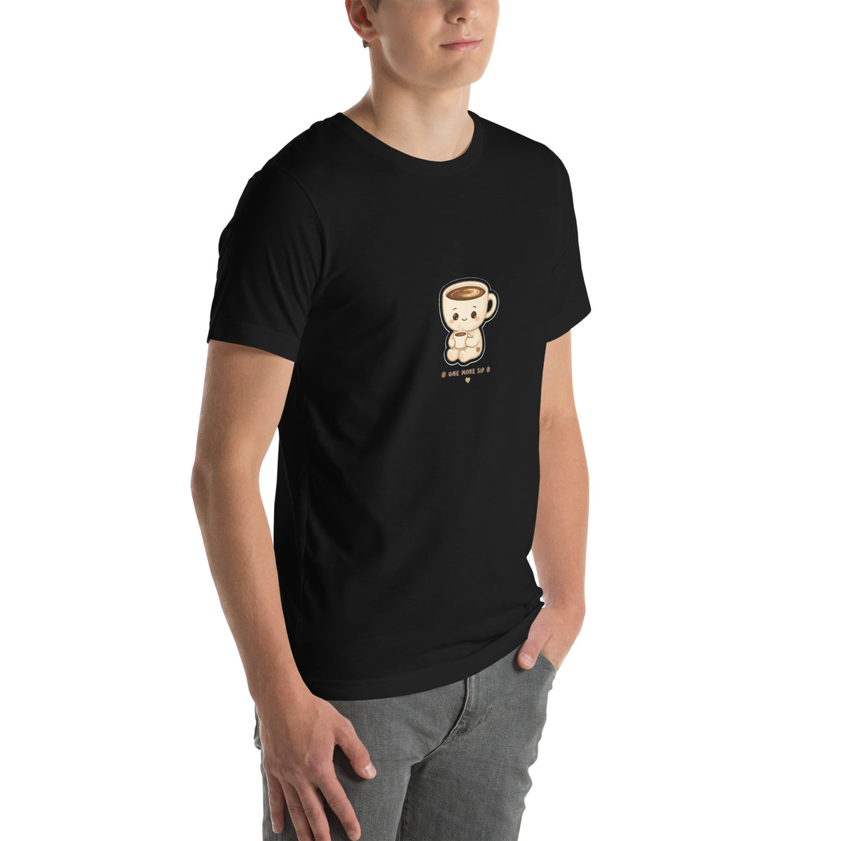 Sip Hero tee ONE MORE SIP — cute coffee robot graphic tee mockup