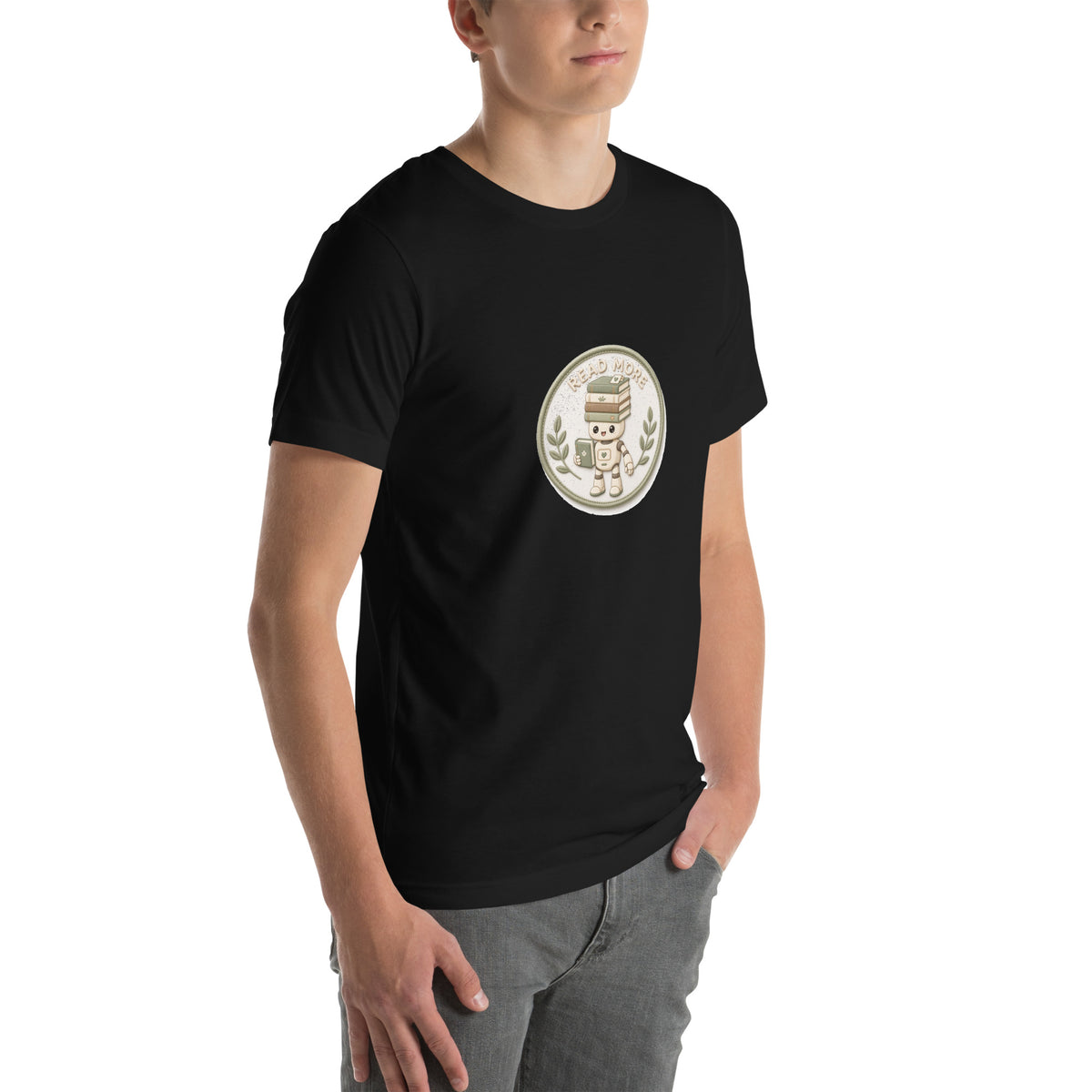 Stack Badge tee READ MORE — cute reading robot graphic tee mockup