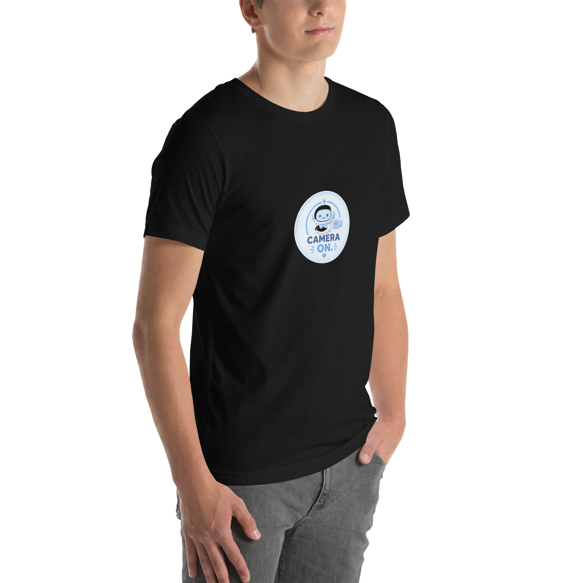 Zoom Badge tee CAMERA ON — cute WFH robot graphic tee mockup