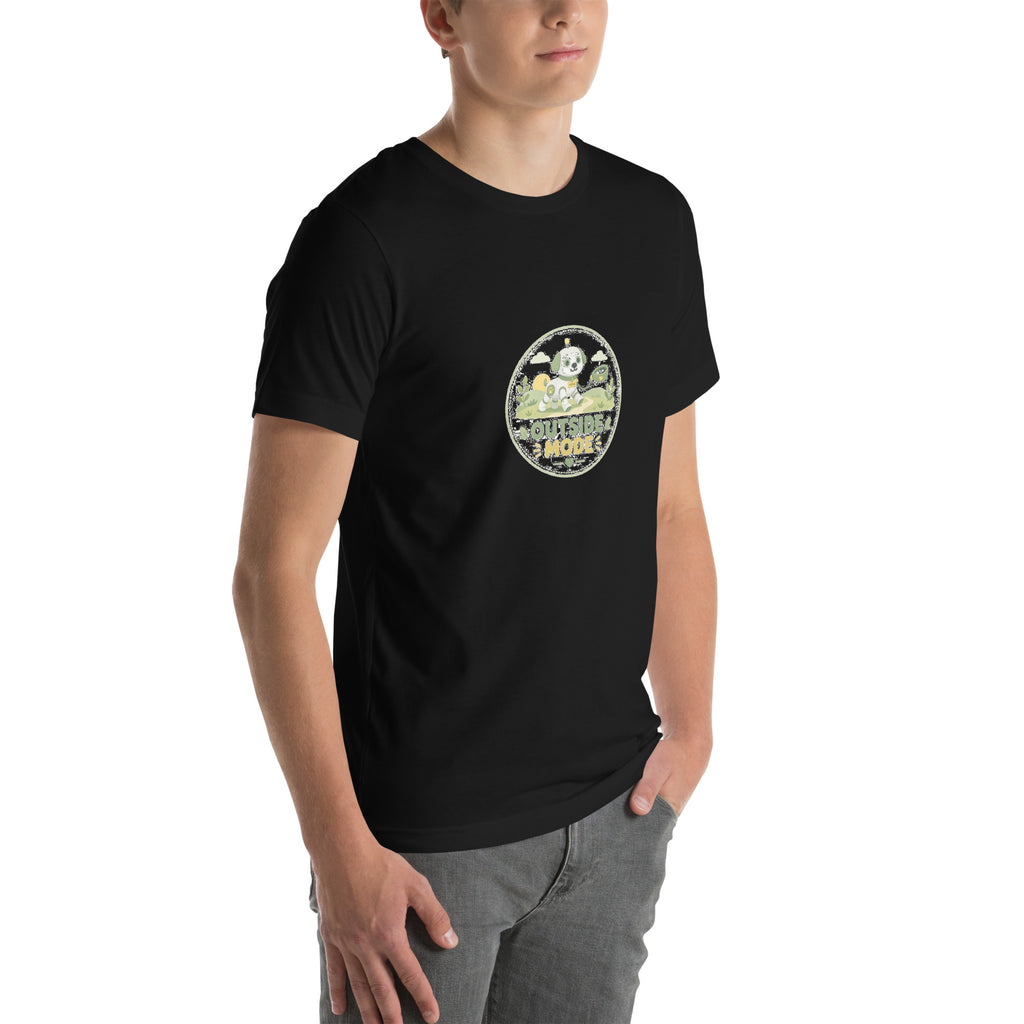 Fetch Badge tee OUTSIDE MODE — cute dog walk robot graphic tee mockup