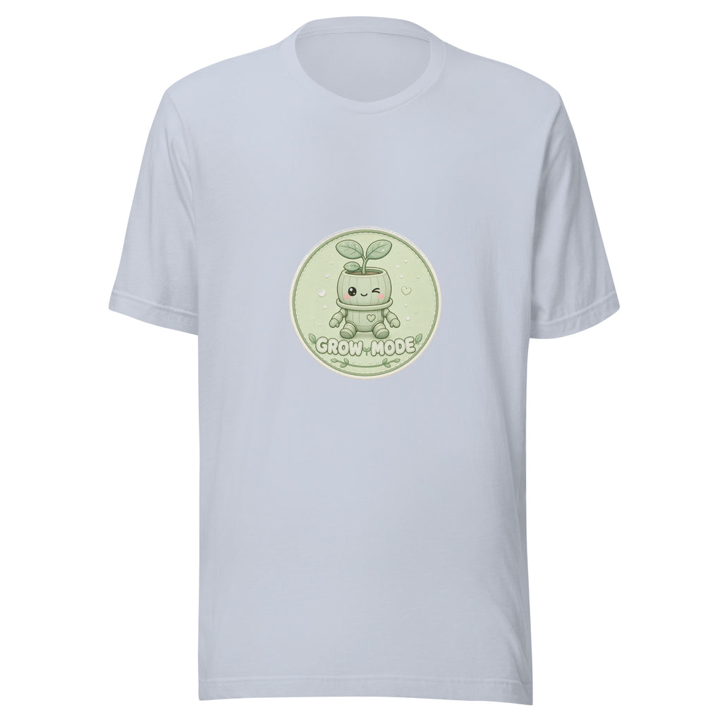 Bloom Badge tee GROW MODE — cute plants robot graphic tee mockup