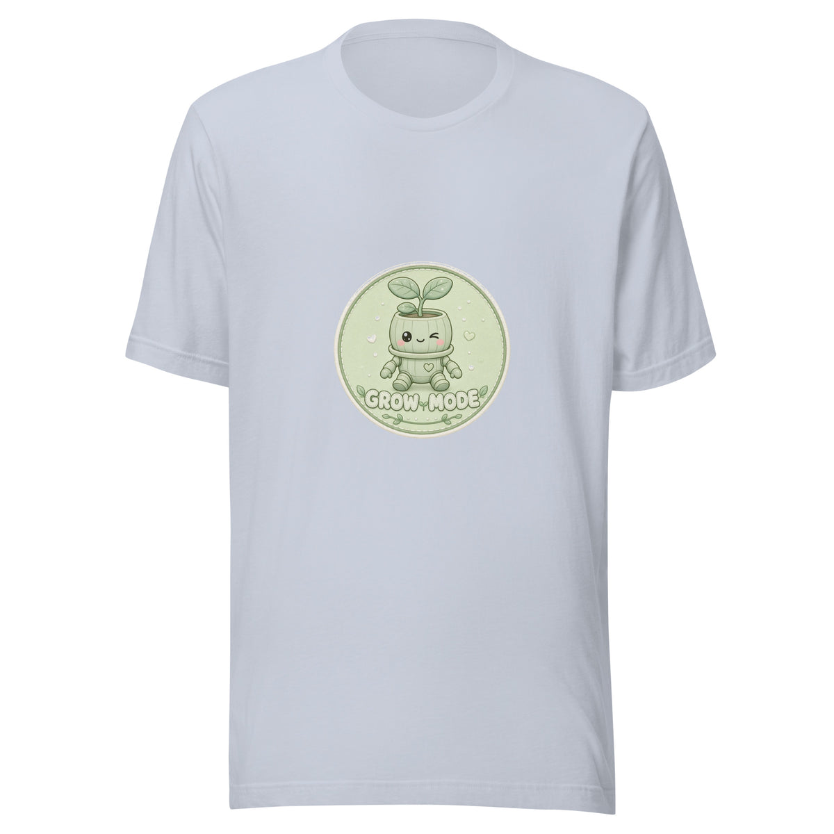 Bloom Badge tee GROW MODE — cute plants robot graphic tee mockup