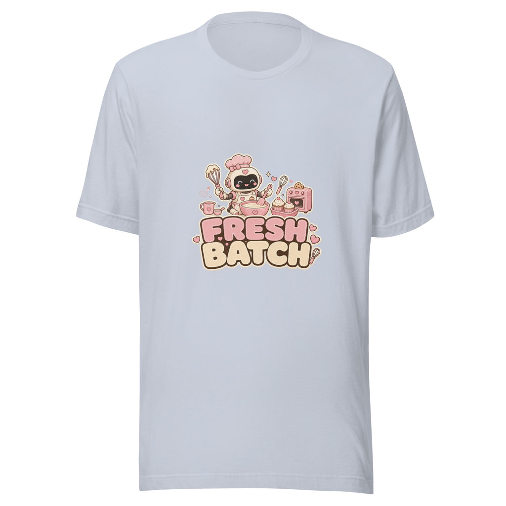 Bake Hero tee FRESH BATCH — cute baking robot graphic tee mockup