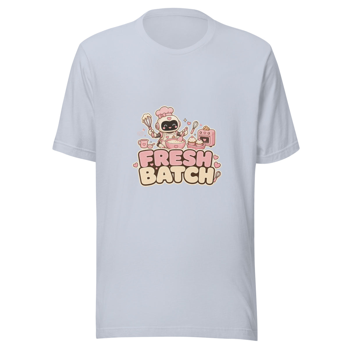 Bake Hero tee FRESH BATCH — cute baking robot graphic tee mockup
