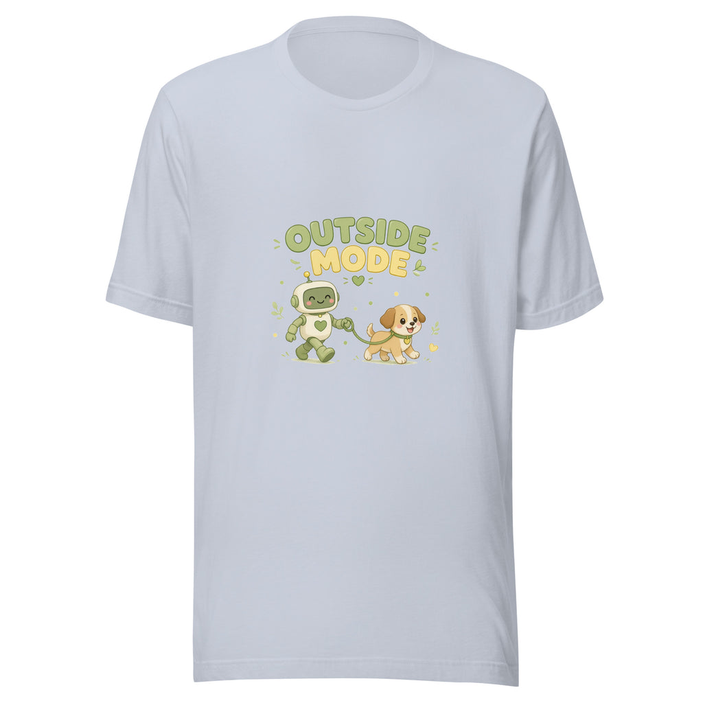 Fetch Hero tee OUTSIDE MODE — cute dog walk robot graphic tee mockup