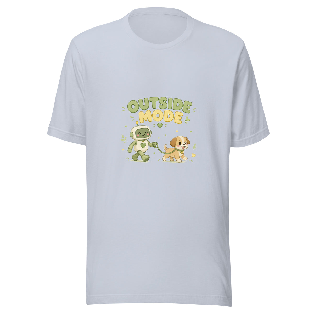 Fetch Hero tee OUTSIDE MODE — cute dog walk robot graphic tee mockup