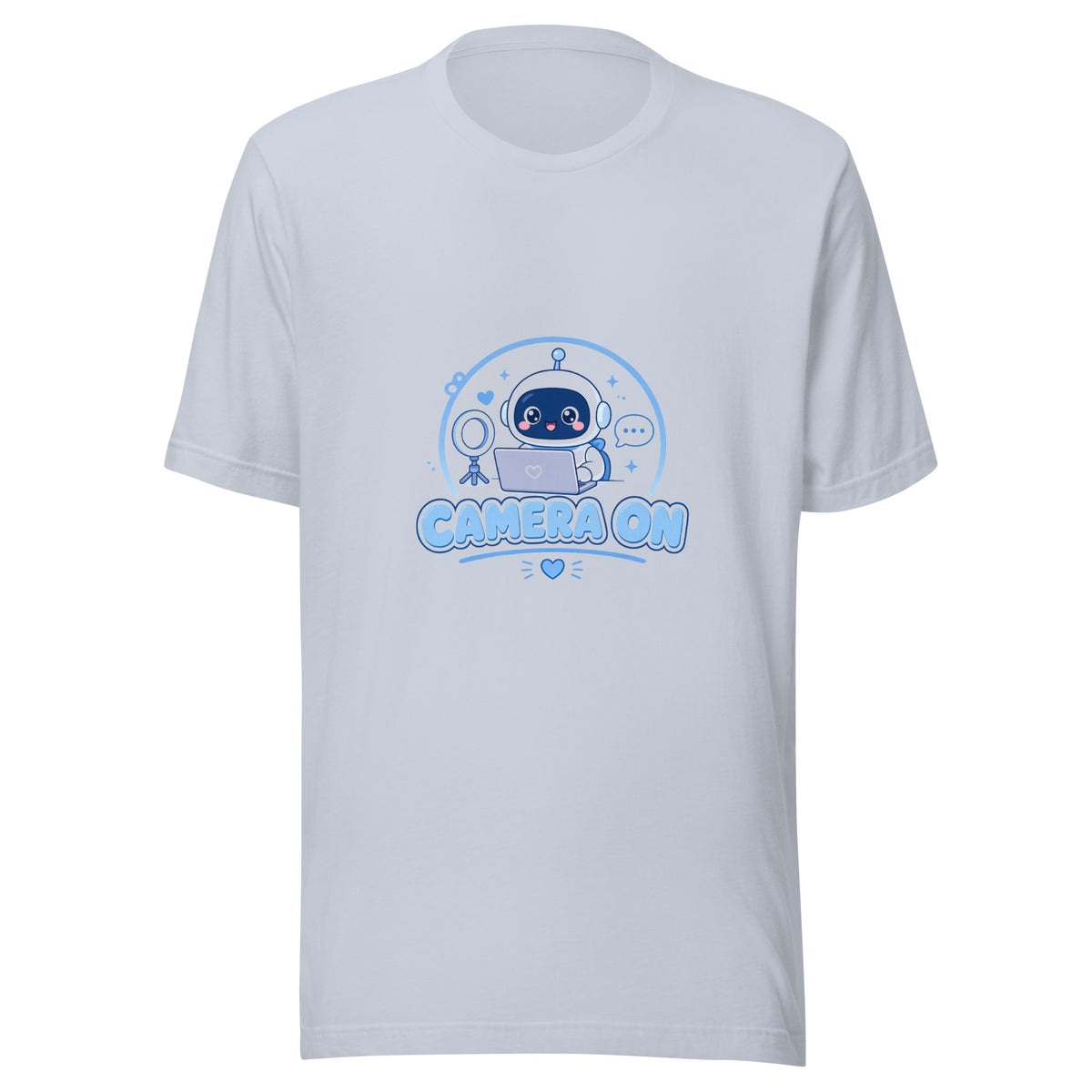 Zoom Hero tee CAMERA ON — cute WFH robot graphic tee mockup
