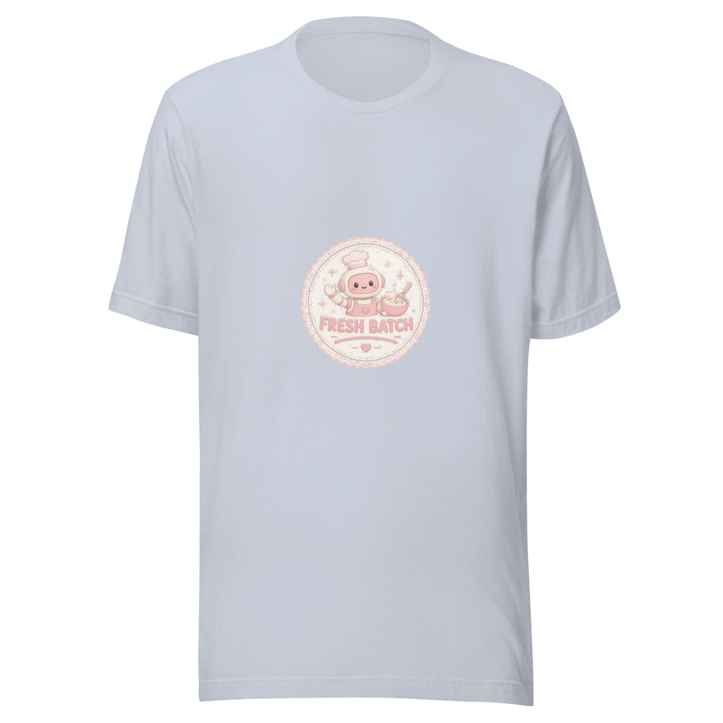 Bake Badge tee FRESH BATCH — cute baking robot graphic tee mockup