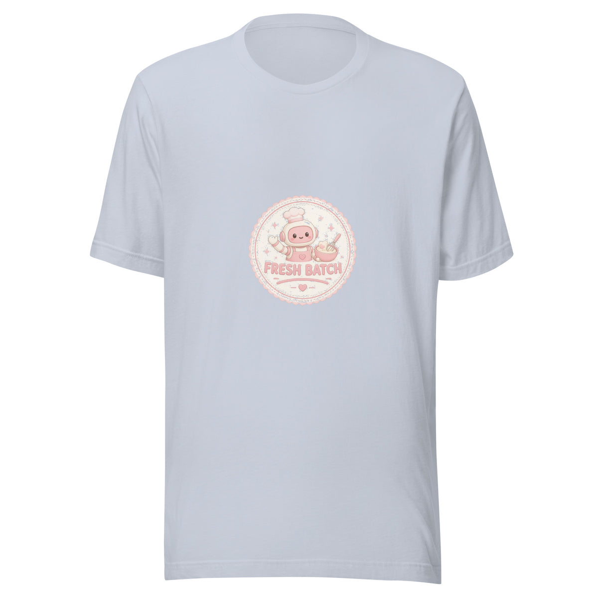 Bake Badge tee FRESH BATCH — cute baking robot graphic tee mockup
