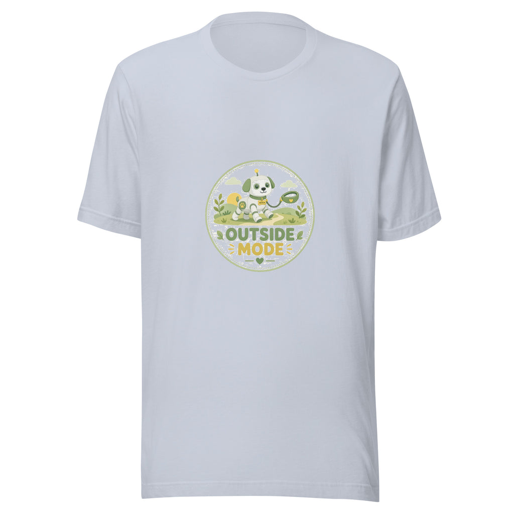 Fetch Badge tee OUTSIDE MODE — cute dog walk robot graphic tee mockup
