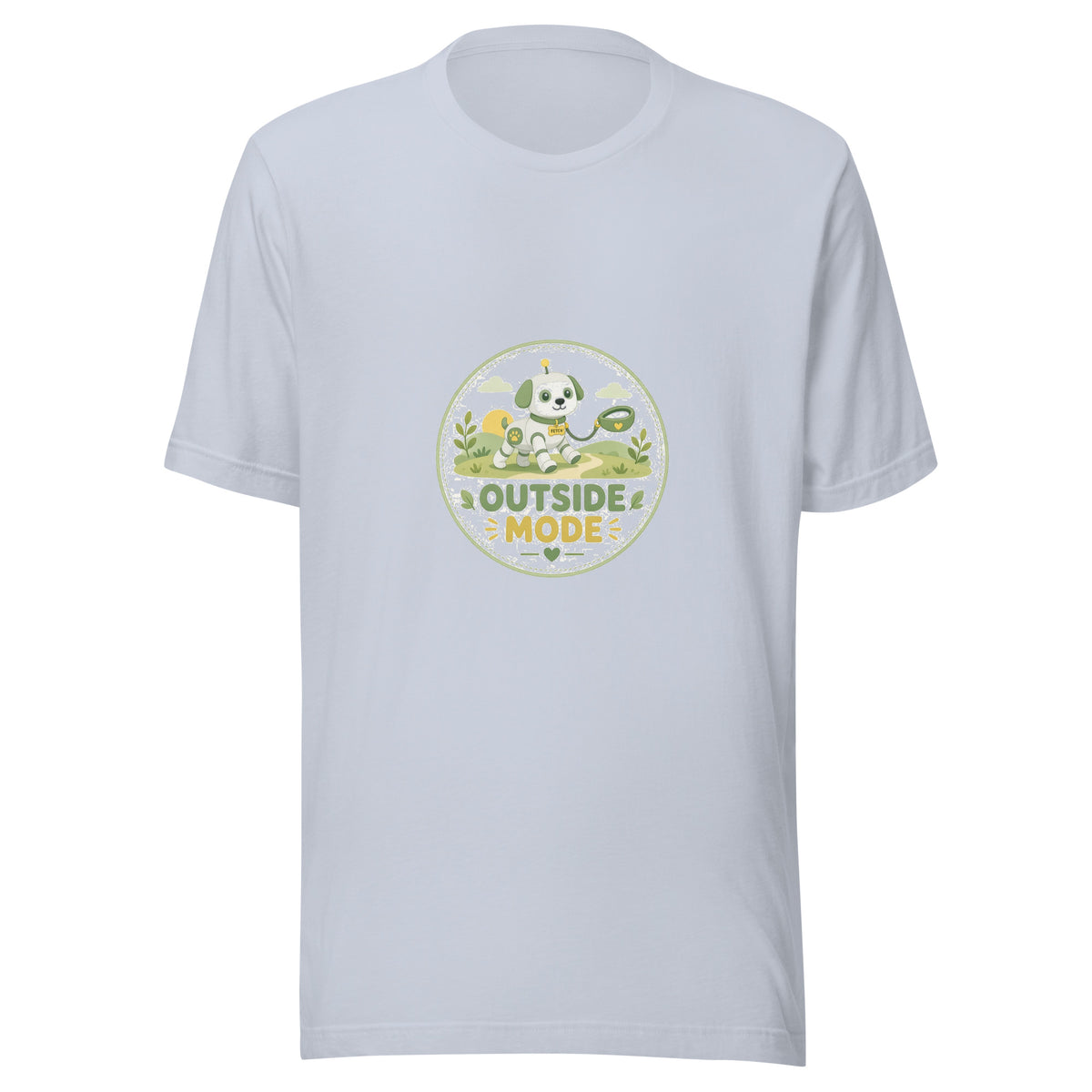 Fetch Badge tee OUTSIDE MODE — cute dog walk robot graphic tee mockup