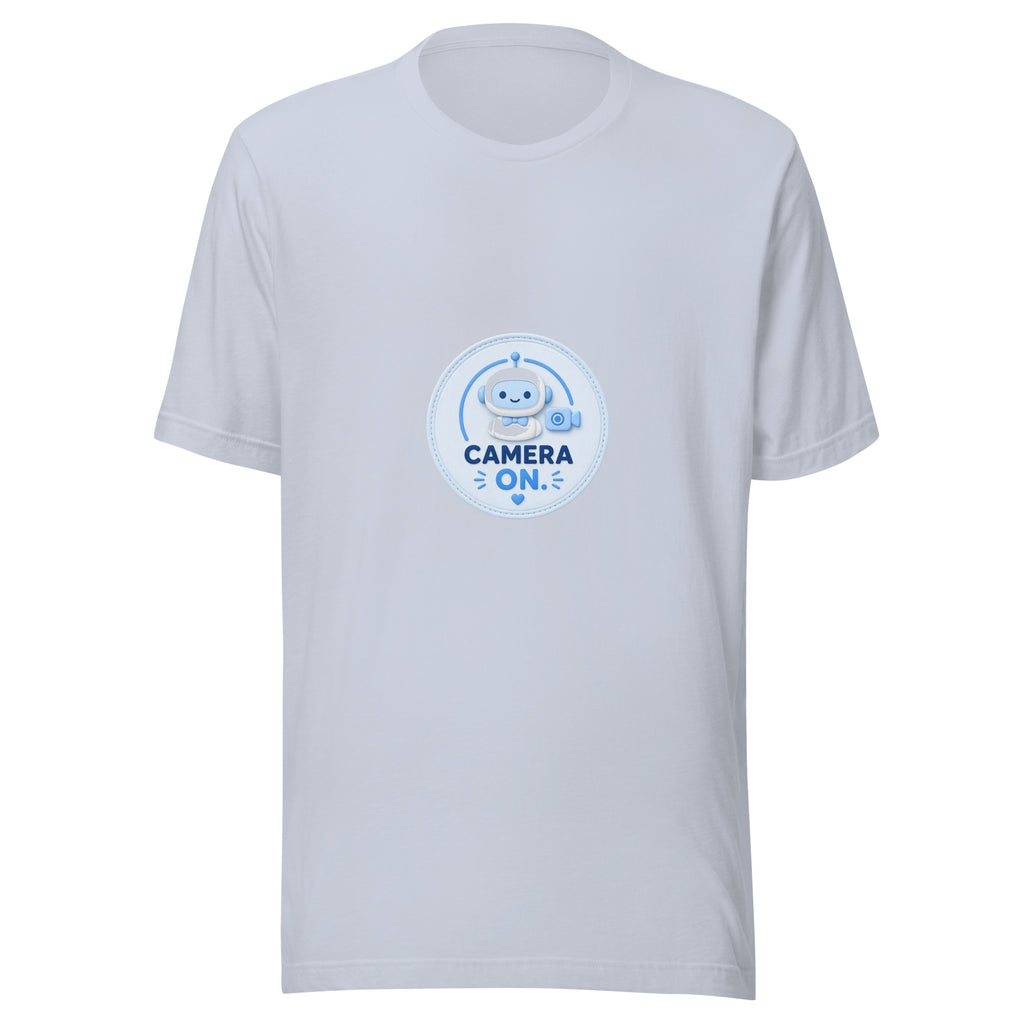 Zoom Badge tee CAMERA ON — cute WFH robot graphic tee mockup