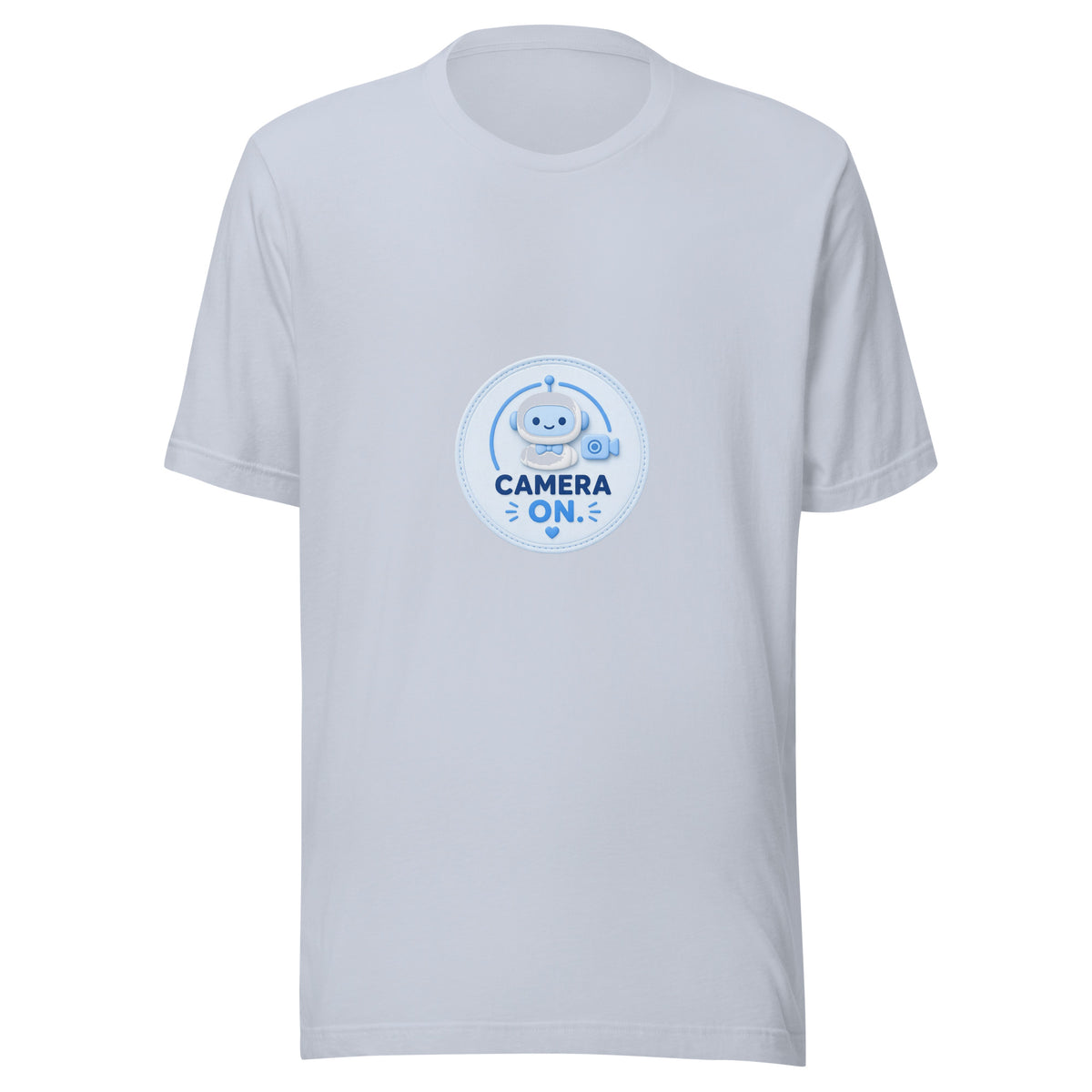 Zoom Badge tee CAMERA ON — cute WFH robot graphic tee mockup