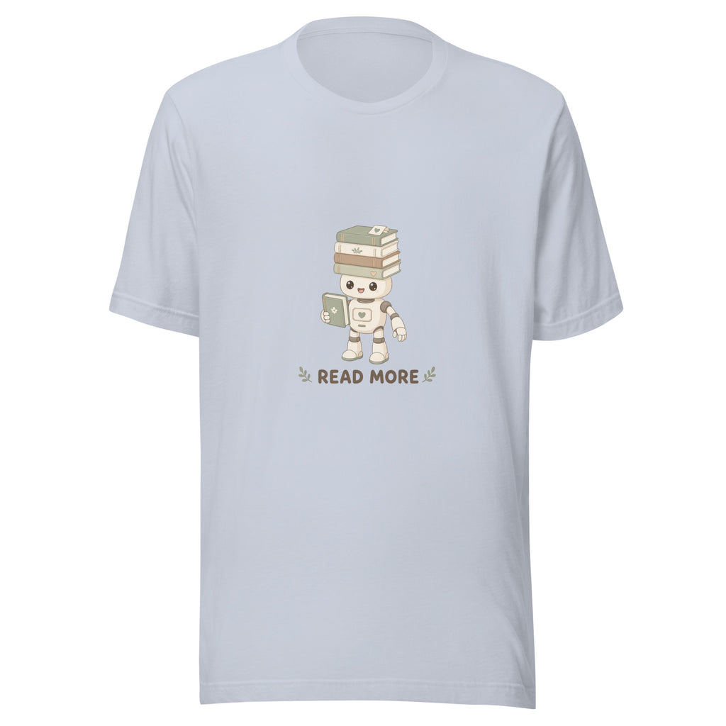 Stack Hero tee READ MORE — cute reading robot graphic tee mockup