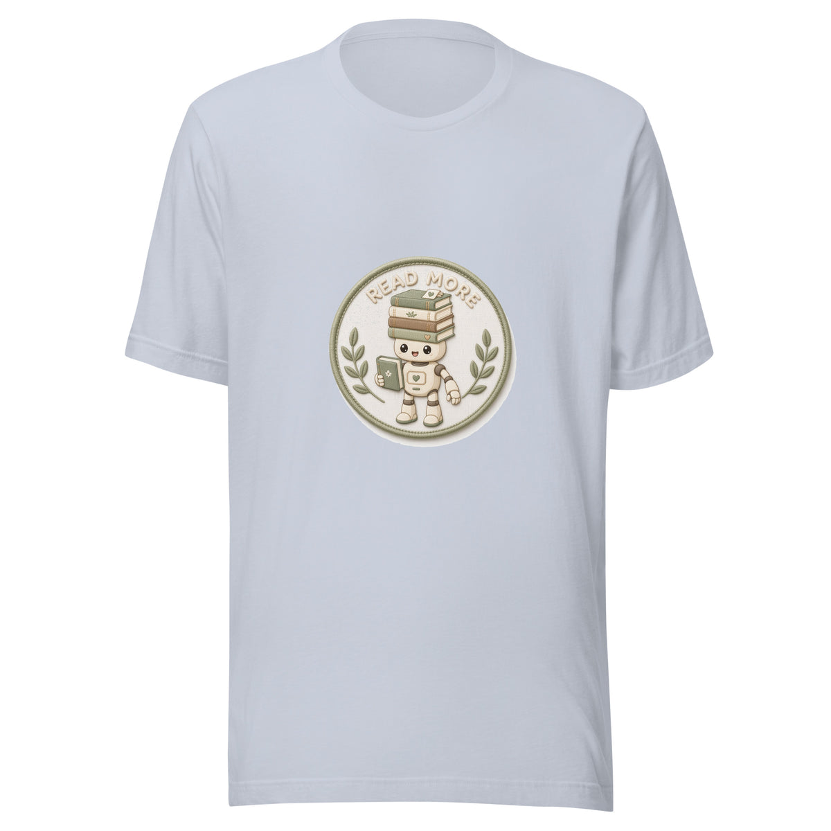 Stack Badge tee READ MORE — cute reading robot graphic tee mockup