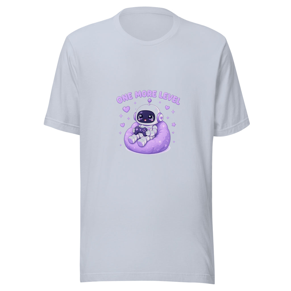 Pixel Hero tee ONE MORE LEVEL — cute gaming robot graphic tee mockup
