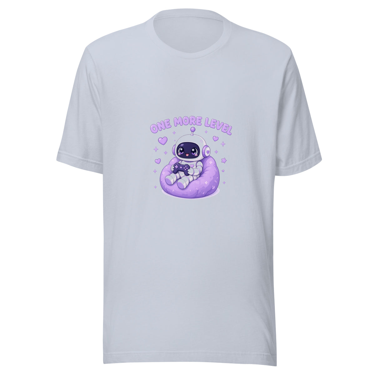 Pixel Hero tee ONE MORE LEVEL — cute gaming robot graphic tee mockup