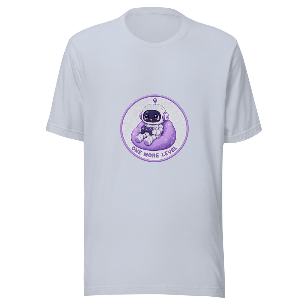 Pixel Badge tee ONE MORE LEVEL — cute gaming robot graphic tee mockup
