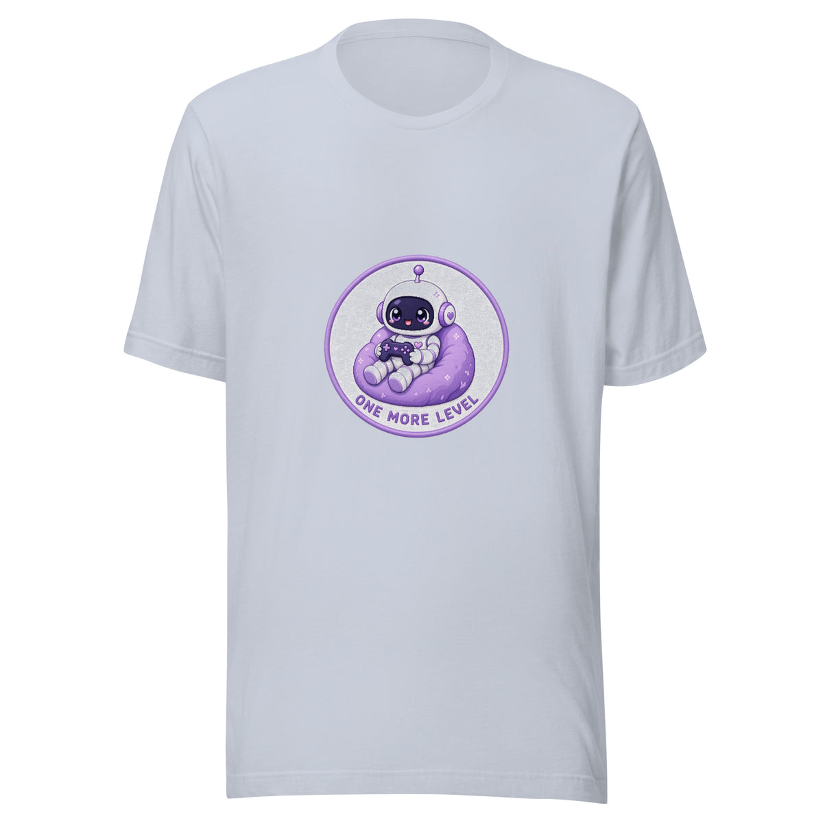 Pixel Badge tee ONE MORE LEVEL — cute gaming robot graphic tee mockup