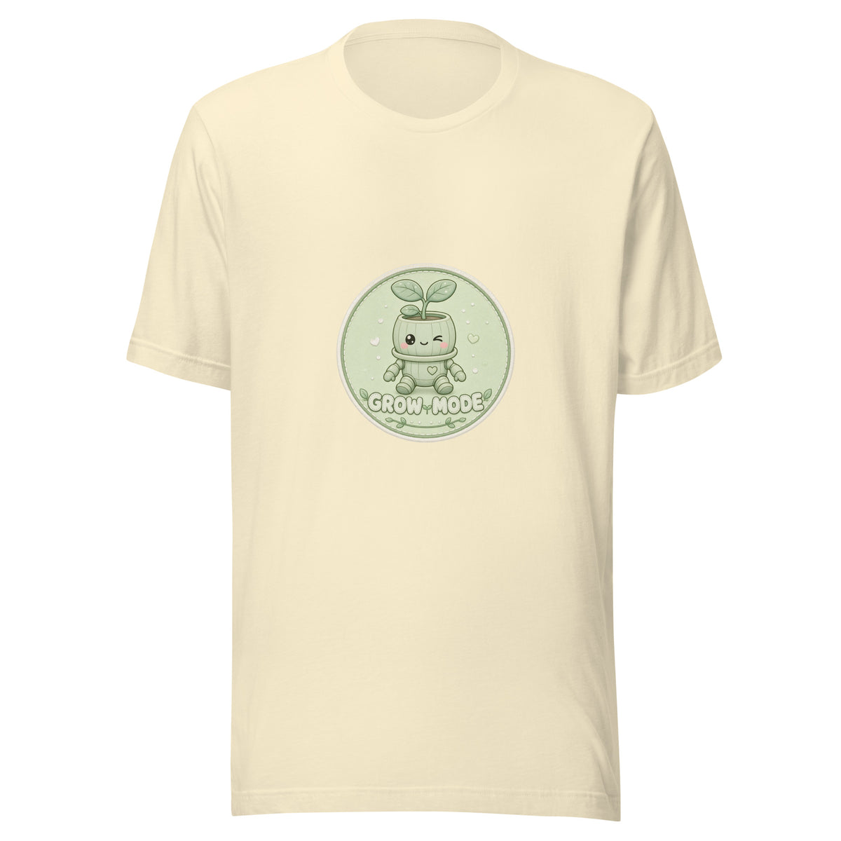 Bloom Badge tee GROW MODE — cute plants robot graphic tee mockup
