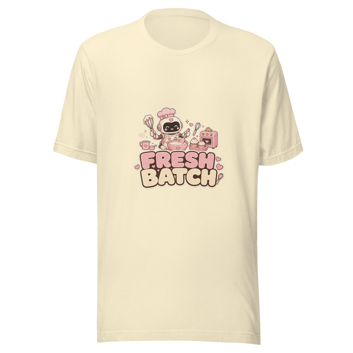 Bake Hero tee FRESH BATCH — cute baking robot graphic tee mockup