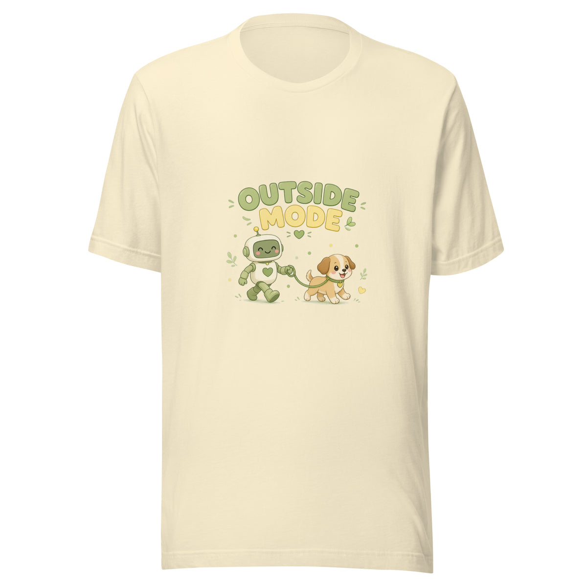 Fetch Hero tee OUTSIDE MODE — cute dog walk robot graphic tee mockup